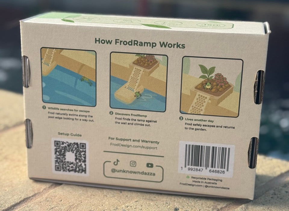 FrodRamp packaging box with illustrations and text on a stone surface